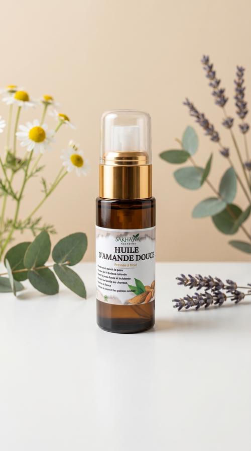 Huile d’Amande Douce Pressée à Froid - Sakhawa Cosmetics Maroc